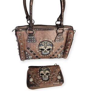 Cowgirl Trendy Gothic Skull Day of the Dead Boston Handbag With Matching Wallet